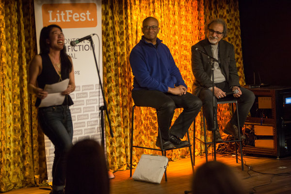 Sarah Chan (host), Minister Faust, and Jalal Barsanji at High Level Lit in March 2017